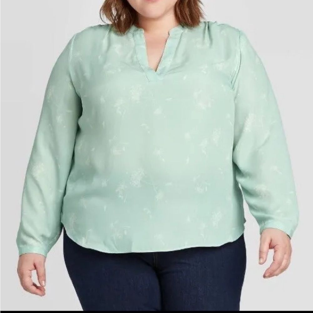 NWT Green Floral Long Sleeve Aqua V Neck Blouse long Sleeve Sz 3X